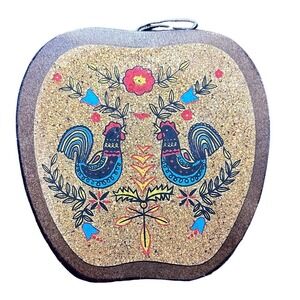 Apple Shaped Trivet Rooster Floral‎ Design Cork Wood Kitchen Decor